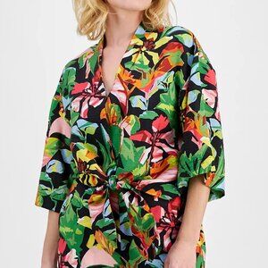 I.N.C. Floral-Print Tie-Hem Resort Top, Petite XS